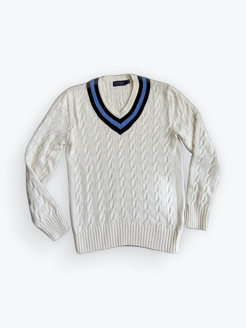 Polo Golf Ralph Lauren V Neck Cable Knit Sweater Cricket Tennis Cream Blue